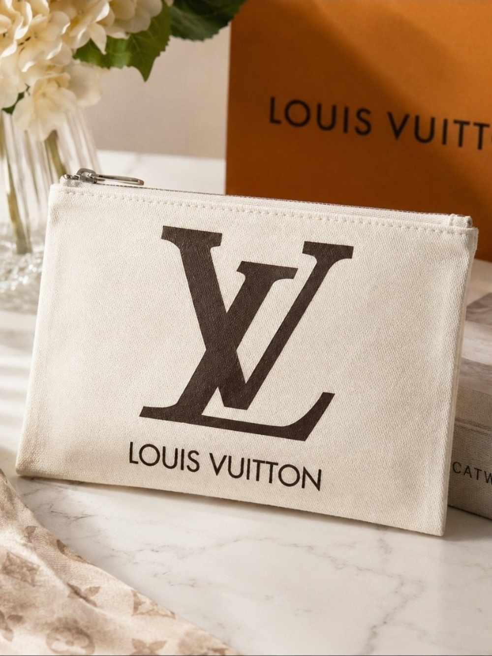 Cream Canvas Cosmetic Bag | 4.5" x 7" Zip Make-up LV Louis Vuitton Monogram Logo